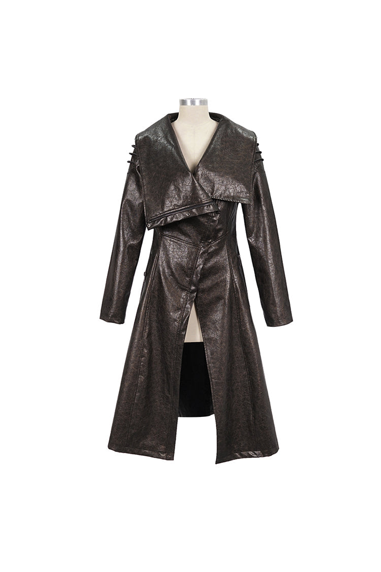 Brown Large Neckline Design Shoulder String Decoration Long Leather Women's Punk Jacket - Product - 5