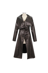 Brown Large Neckline Design Shoulder String Decoration Long Leather Women's Punk Jacket - Product - 5