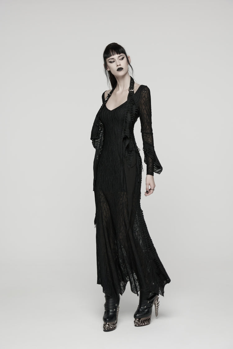 Black Off Shoulder Halterneck Long Trumpet Sleeves Hanayome Lace Lace-Up Women's Punk Dress - Product - 6