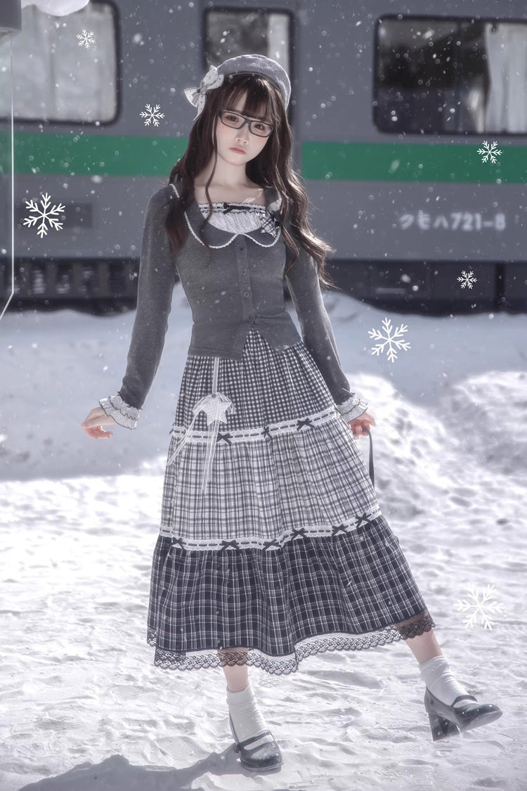グレー [Star Candy] スクエアカラー 長袖 プリント Cut-Out レース 重ね着風 スウィートロリータスカートセット 商品画像