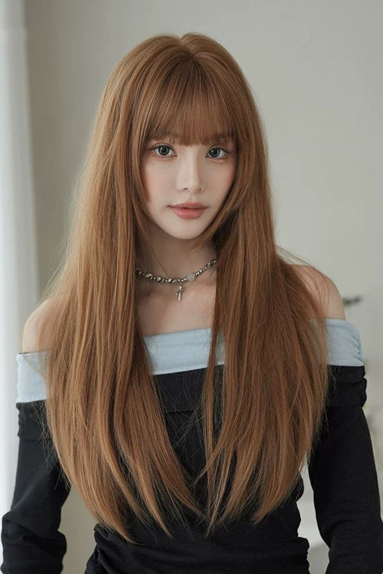 Mocha Mousse Korean Idol Chic Face-Framing Hime Cut Long Straight Wig with Full Bangs - Mocha-Mousse - 1
