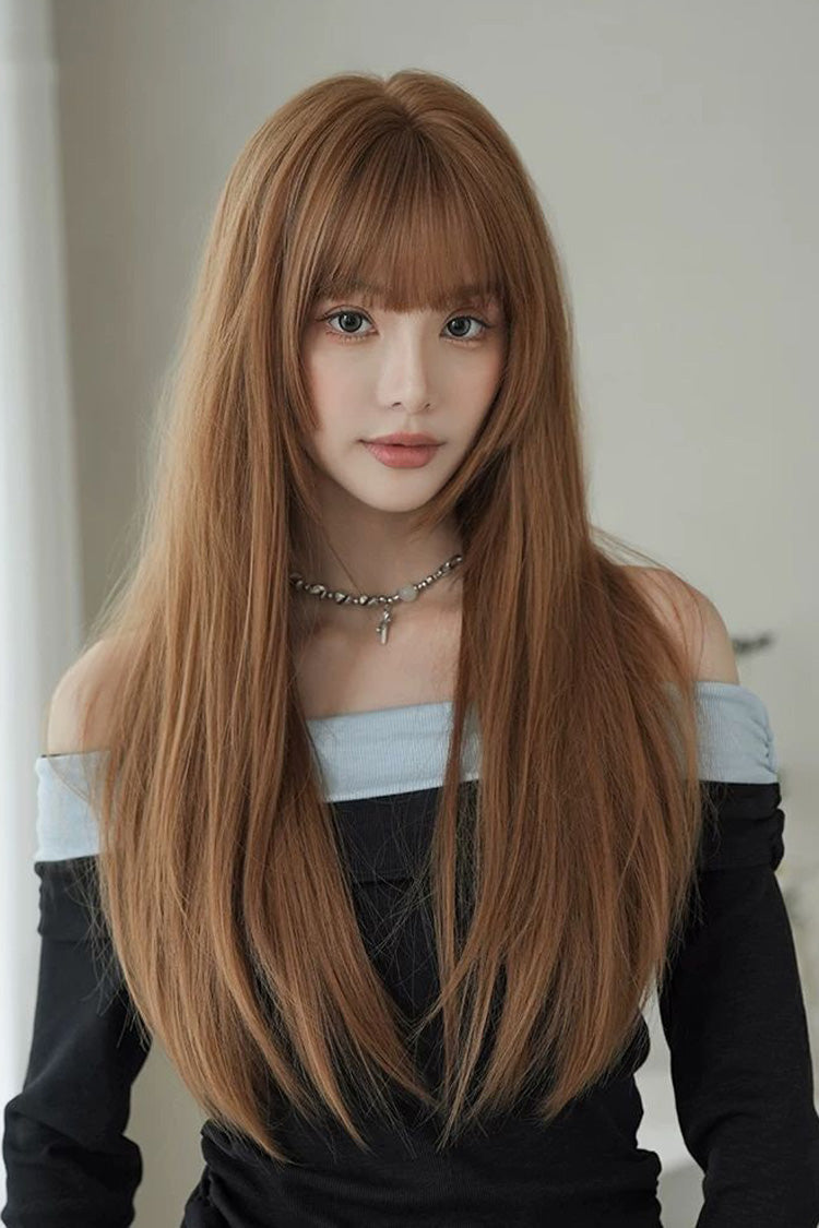 Mocha Mousse Korean Idol Chic Face-Framing Hime Cut Long Straight Wig with Full Bangs - Mocha-Mousse - 1