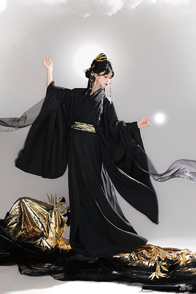 Black [Bamboo Leaves] V Collar Trumpet Sleeves High Waisted Embroidered Women's Classic Hanfu Dress Set - Product - 4