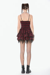 Black/Red Plaid Leather Multi-Layered Ruffled Women's Punk  Sweetcore Slip Dress - Product - 4