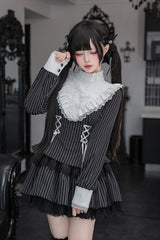[Doki!] Stand Collar Long Sleeves Printed Ruffled Lace-Up Sweet Cool Lolita Dress 2 Colors(Black, Grey) - Product - 18