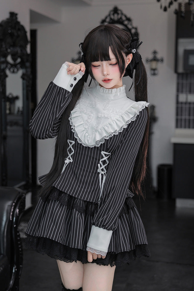 [Doki!] Stand Collar Long Sleeves Printed Ruffled Lace-Up Sweet Cool Lolita Dress 2 Colors(Black, Grey) - Product - 18