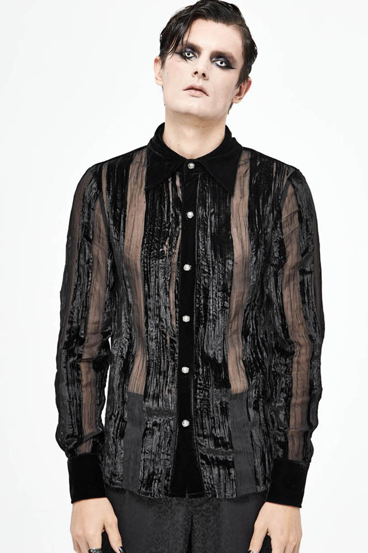 Black Striped Velvet Fold Mushroom Metal Buckles Long Sleeve Irregular Men's Gothic Shirt - Product - 4
