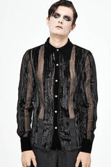 Black Striped Velvet Fold Mushroom Metal Buckles Long Sleeve Irregular Men's Gothic Shirt - Product - 4