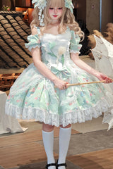 Green [Tulip's Letter] Off Shoulder Short Sleeves Print Ruffle Bowknot Lace Sweet Elegant Lolita Dress - Product - 5