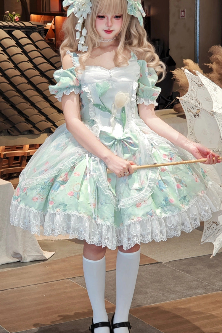 Green [Tulip's Letter] Off Shoulder Short Sleeves Print Ruffle Bowknot Lace Sweet Elegant Lolita Dress - Product - 5
