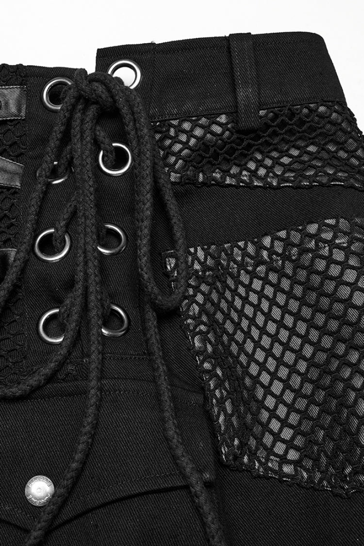 Black Faux Leather Stitching Lace-Up Irregular Mesh Men's Gothic Kilt - Product - 7