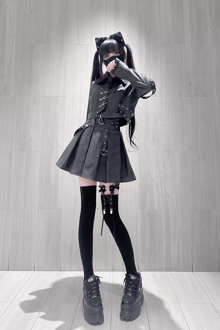 Black [Eternal Night of Bones] Lapel Collar Long Sleeves Studded Eyelet Gothic Jirai Kei Japanese Handsome Top and Skirt Set - Product - 9