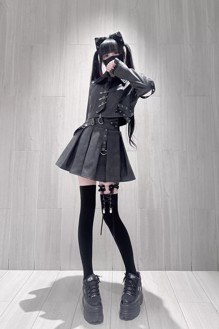 Black [Eternal Night of Bones] Lapel Collar Long Sleeves Studded Eyelet Gothic Jirai Kei Japanese Handsome Top and Skirt Set - Product - 9