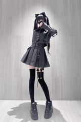 Black [Eternal Night of Bones] Lapel Collar Long Sleeves Studded Eyelet Gothic Jirai Kei Japanese Handsome Top and Skirt Set - Product - 9