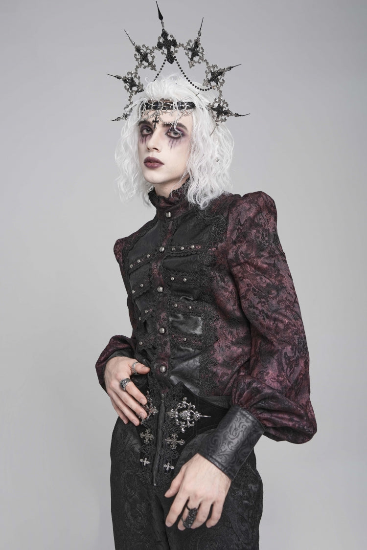 Black/Red Stand Collar Long Lantern Sleeves Floral Print Embroidery Men's Gothic Blouse - Product - 5