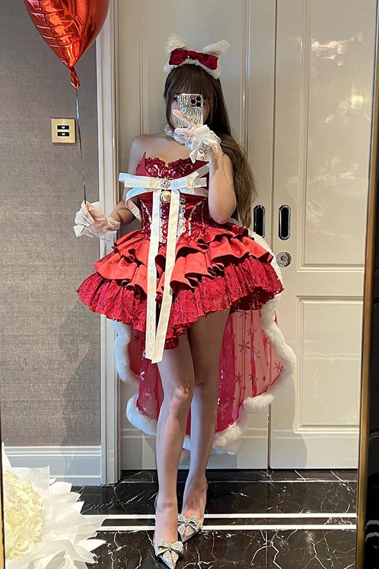 Red [Holiday Lovers] Sleeveless Triple-Layered Ruffle Hollow Bowknot Lace-Up Princess Ballet Sweet Lolita Dress - Product - 6