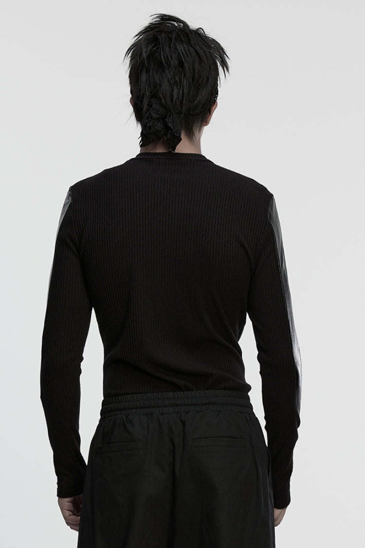 Black Round Collar Long Sleeves Spliced Eyelet Men's Punk T-Shirt - Product - 3