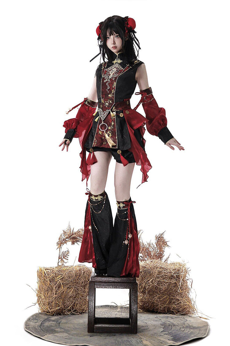 Black/Red [Demon Hunter] Stand Collar Sleeveless Embroidered Gothic Chinese Inspired Cool Ouji Hanfu Set - Product - 4