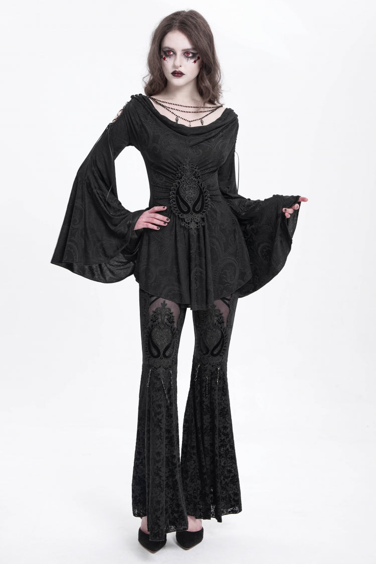 Black Hollow Floral Embroidery Women's Gothic Flared Pants - Product - 6