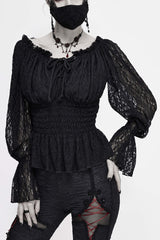 Black Off Shoulder Long Sleeves Ruffle Lace Women's Gothic Blouse - Black - 1