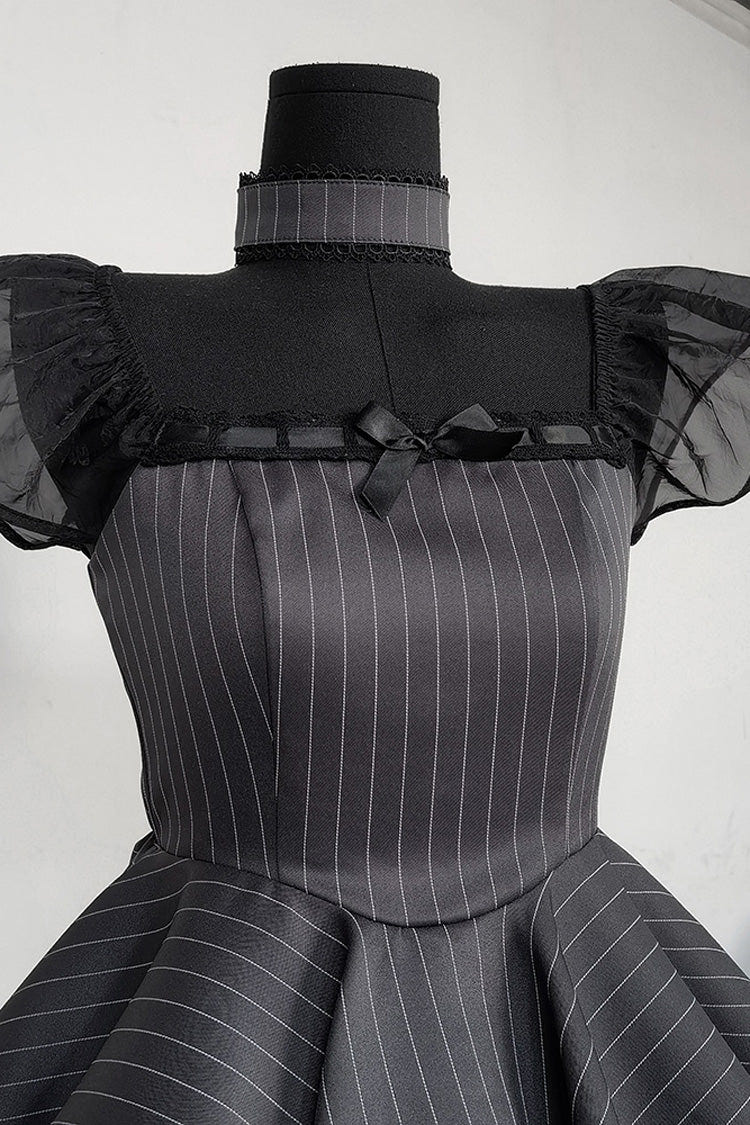 Grey Stripe Print Ruffle Bowknot Gothic Japanese Maid Lolita Dress - Product - 6