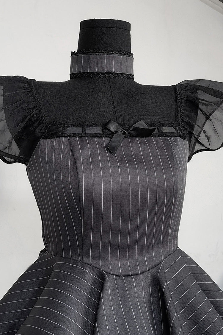 Grey Stripe Print Ruffle Bowknot Gothic Japanese Maid Lolita Dress - Product - 6