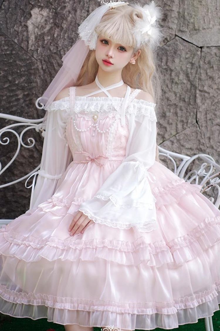 Pink Gauze Romance Multi-layer Ruffle Bowknot Sweet Elegant Princess Lolita Jsk Dress - Product - 7