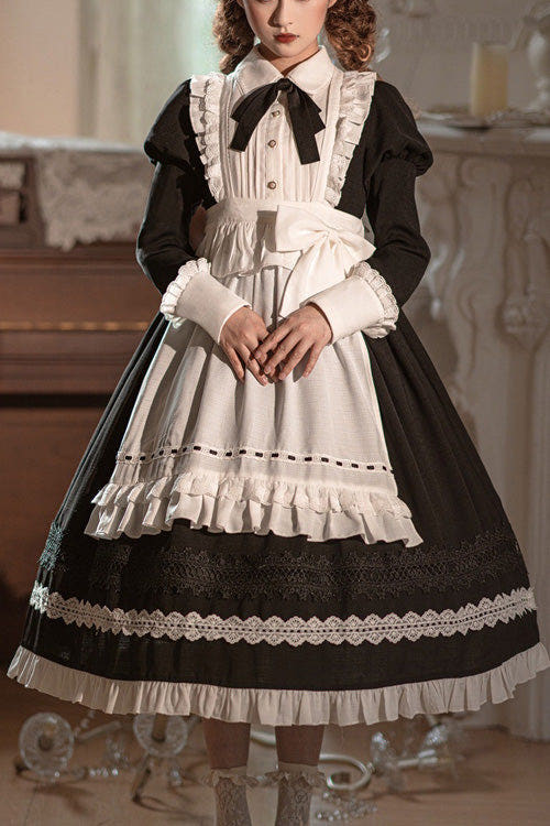 Black Lapel Collar Bowknot Long Sleeves Ruffled Sweet Lolita Maid OP Dress (Apron is included) - Black - 1