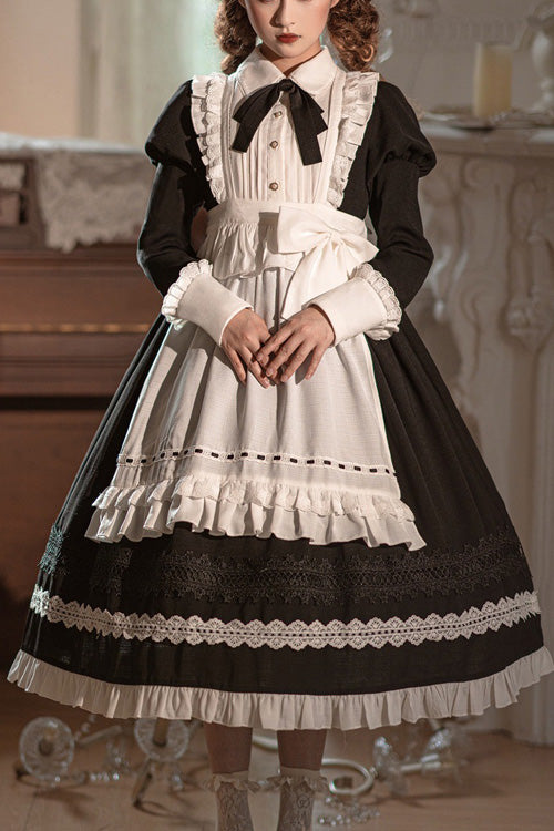 Black Lapel Collar Bowknot Long Sleeves Ruffled Sweet Lolita Maid OP Dress (Apron is included) - Black - 1