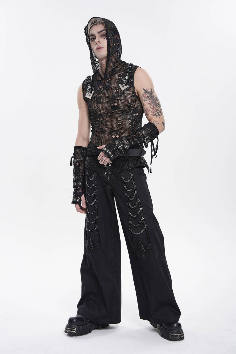 Black Sleeveless Slim  Skull Hooded Mesh Eyelet Men's Punk Cool Vest - Product - 5