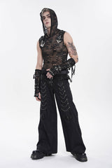 Black Sleeveless Slim  Skull Hooded Mesh Eyelet Men's Punk Cool Vest - Product - 5