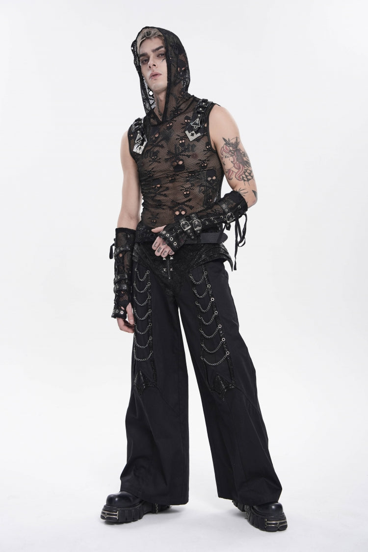 Black Sleeveless Slim  Skull Hooded Mesh Eyelet Men's Punk Cool Vest - Product - 5