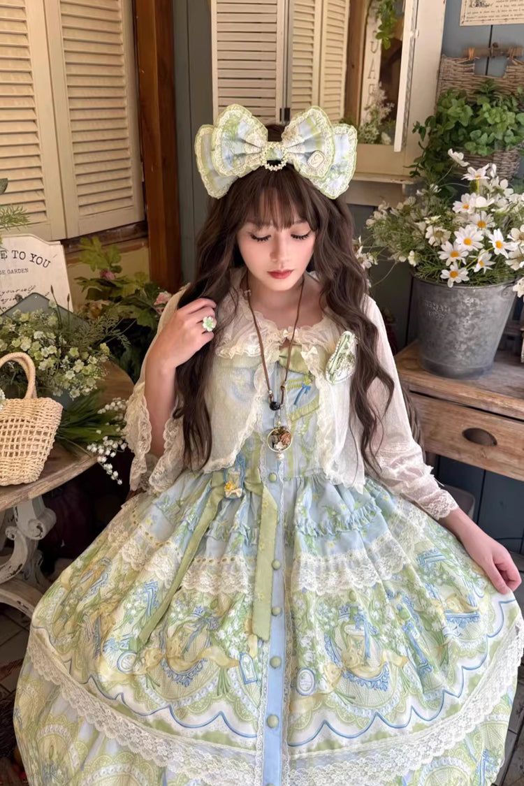 Blue/Green [Lily of the Valley Perfume] Pearl Candy Tea Doll Collar Sleeveless Printed Lace Plus Size Sweet Lolita Jsk Dress - Product - 7