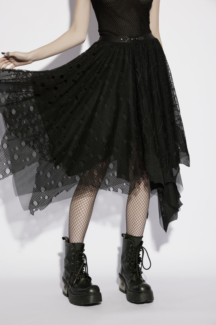 Black Multi-Layered Irregular Mesh Eyelet Women's Gothic Bat&Cobweb Skirt - Product - 3