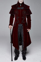Red Gothic Stand Collar Velveteen Mens Coat - Red - 1