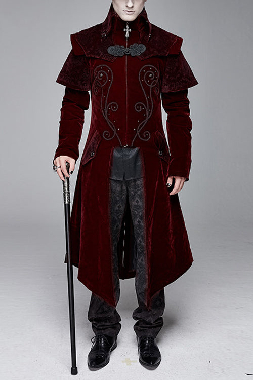 Red Gothic Stand Collar Velveteen Mens Coat - Red - 1
