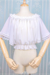 White Chiffon Boat Neck Half Sleeves Sweet Lolita Blouse - white - 1