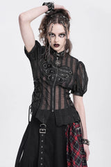 Black Stand Collar Short Puff Sleeves Sheer Mesh Women's Gothic Blouse - Product - 2