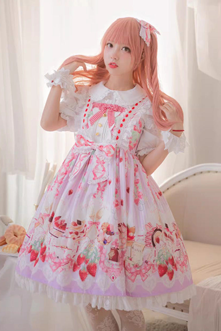 [Strawberry Feast] Sleeveless Printed Ruffled Bow Sweet Lolita Jsk Dress 4 Colors - Purple - 1