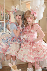 [Bunny Hime] Doll Collar Short Sleeves Multi-Layered Ruffled Bow Sweet Lolita Dress 2 Colors (Blue, Pink) - Product - 6