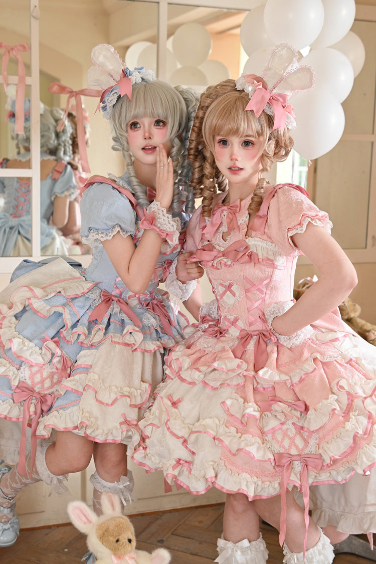 [Bunny Hime] Doll Collar Short Sleeves Multi-Layered Ruffled Bow Sweet Lolita Dress 2 Colors (Blue, Pink) - Product - 6