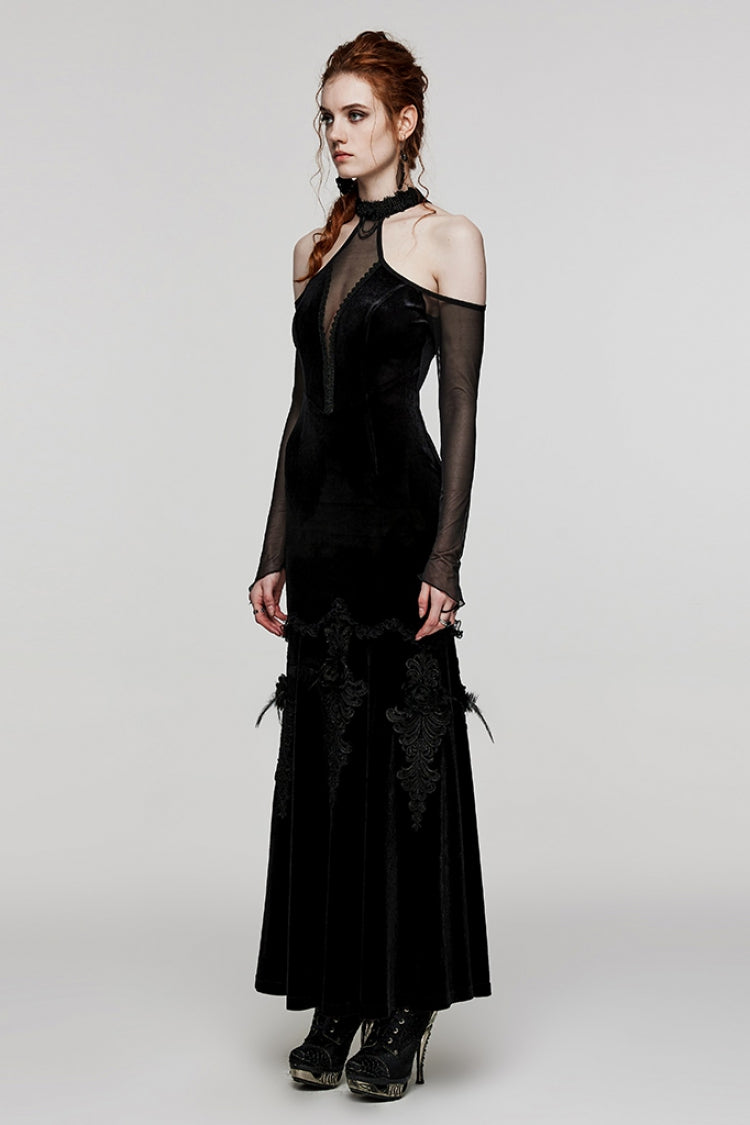 V Collar Off Shoulder Hollow Stitching Mesh Women's Gothic Dress 2 Colors - Product - 10