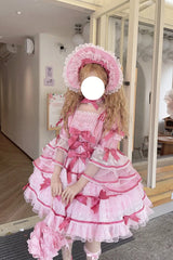 Pink [Velvet Cake] Long Trumpet Sleeves Multi-Layered Ruffle Bowknot Lace Sweet Lolita Dress - Product - 7