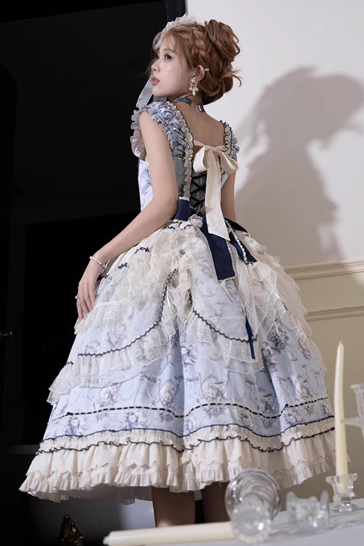 Blue [Swing Cat] Print Ruffle Bowknot Lace Sweet Elegant Lolita Jsk Dress - Product - 9