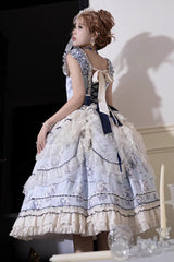 Blue [Swing Cat] Print Ruffle Bowknot Lace Sweet Elegant Lolita Jsk Dress - Product - 9