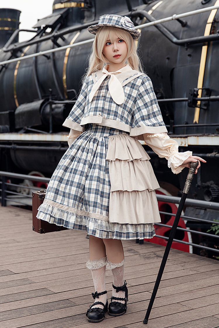 Grey/Blue [Morning Tune] Sleeveless High Waisted Print Ruffle Asymmetric Sweet Lolita Strap Dress - Product - 8