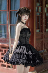 Black Bamboo Dream Multi-layer Dark Pattern Print Ruffle Gothic Lolita Skirt Set - Product - 5