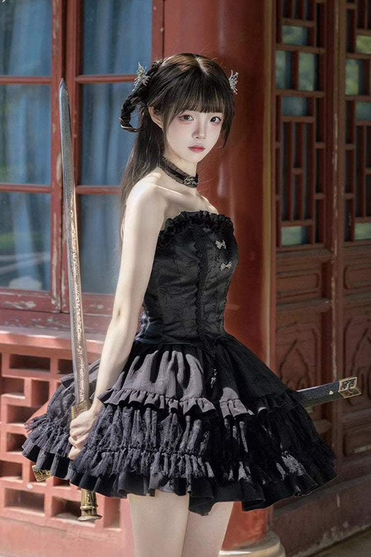 Black Bamboo Dream Multi-layer Dark Pattern Print Ruffle Gothic Lolita Skirt Set - Product - 5