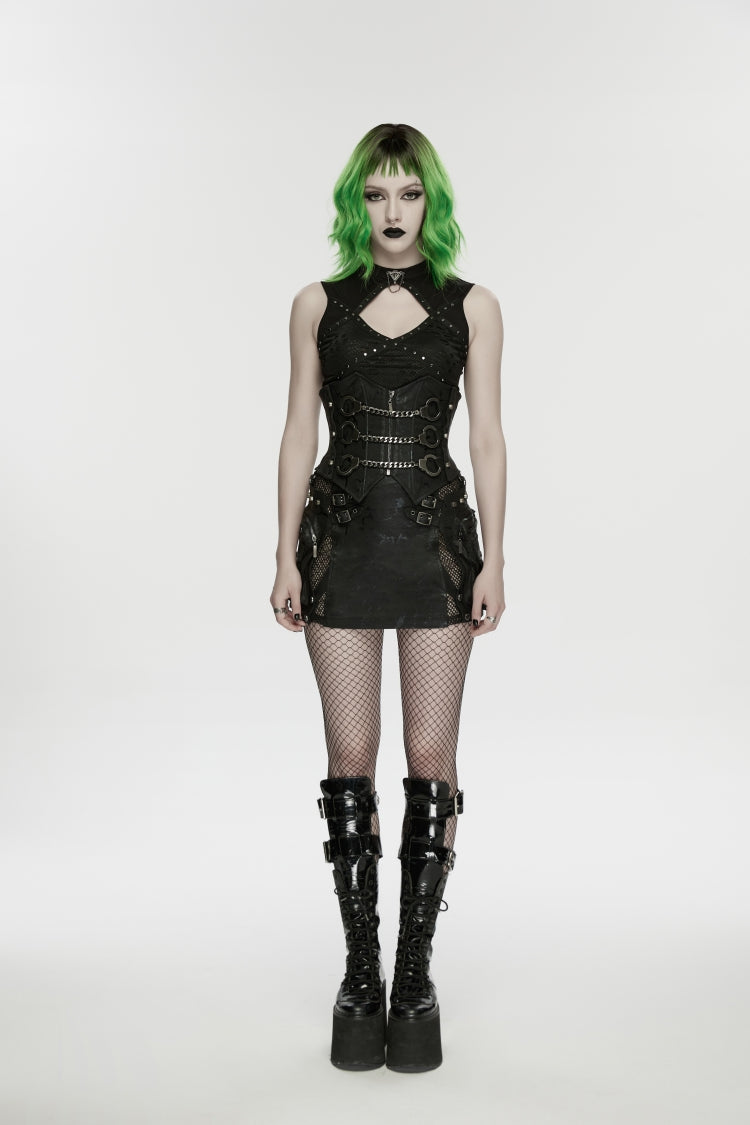 Black Lace-Up Slim Fit Studded Zippered Chain-Decorated Women's Punk Luxurious Cool Underbust Corset - Product - 2
