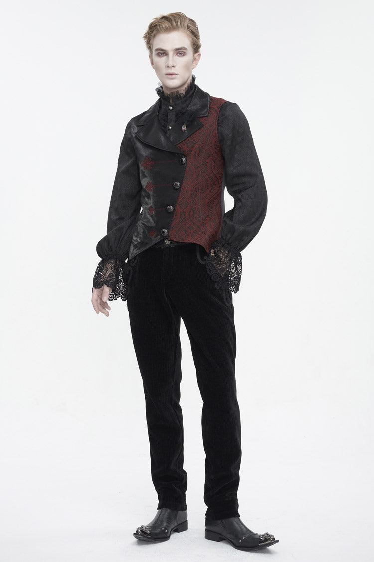 Black/Red Embossed Feather Men's Gothic Waistcoat - Product - 4
